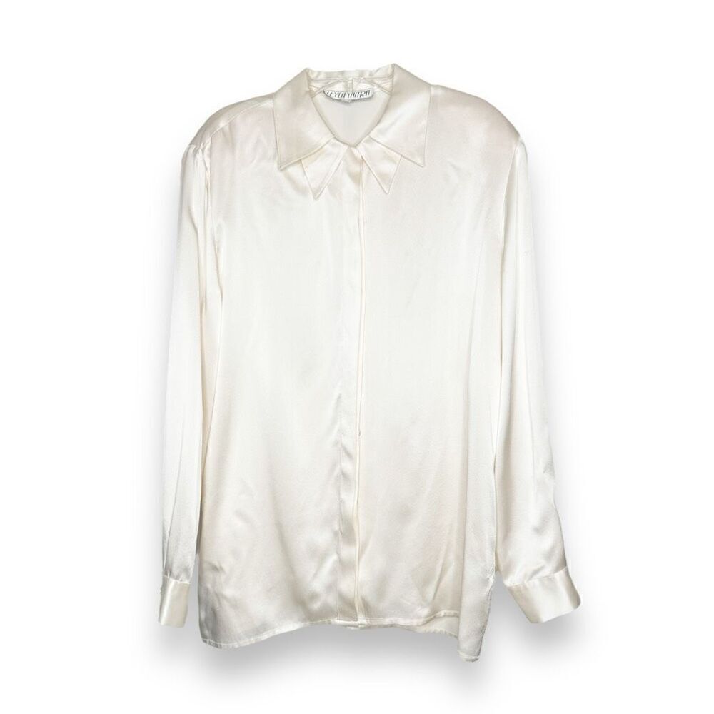 Leyla Initra Vintage Quiet Luxury Cream Silk Double Collar Blouse Women’s Size 8